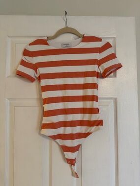 Babaton Orange and White Striped Short-Sleeve Bodysuit